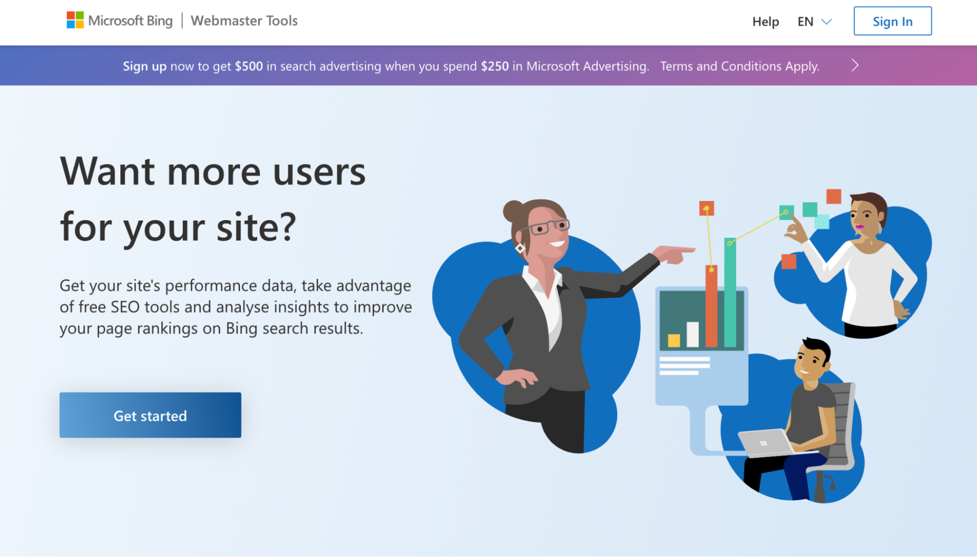 The homepage of Bing’s Webmaster Tools toolbar with a banner featuring illustrated people in office situations
