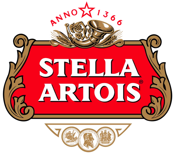 The Stella Artois logo has a red backdrop, white font, and brown decorative borders.