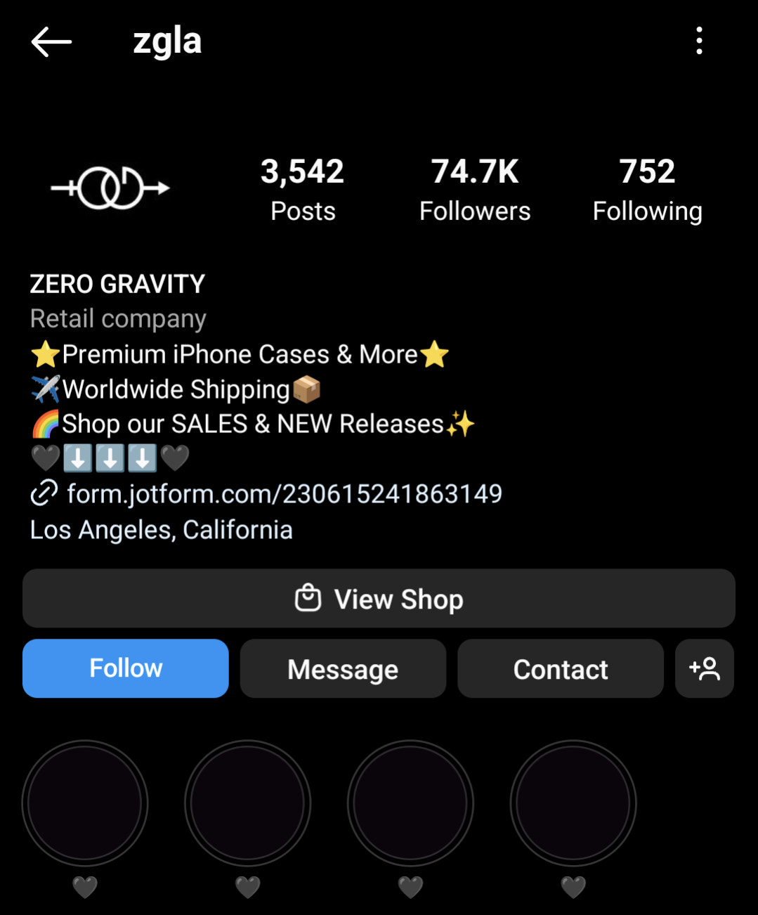 screenshot of Zero Gravity Instagram bio