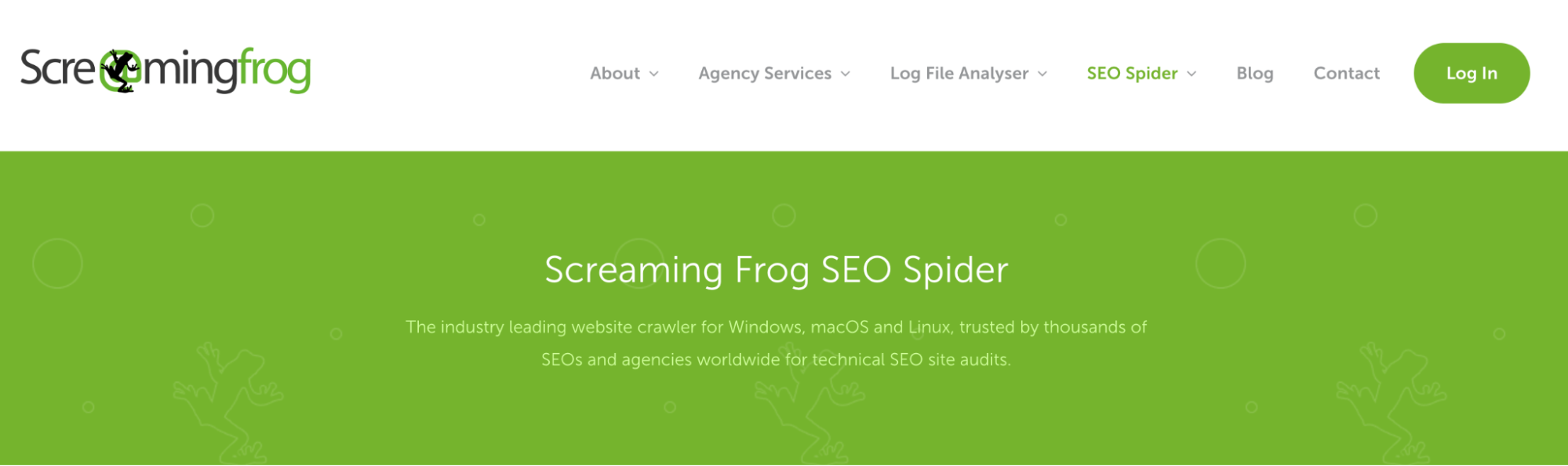 The homepage of Screaming Frog SEO Spider features a bright green header