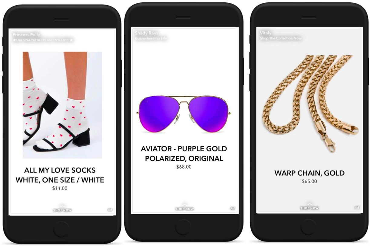 Pretty Polly uses clear, simple images in its Snapchat ads to promote special discounts for its target audience. 