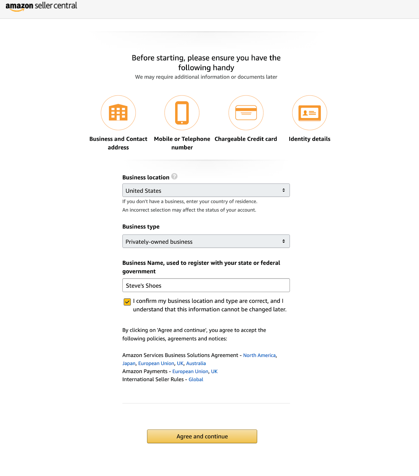 A sign-up form with orange icons indicating the types of information required (e.g business address)