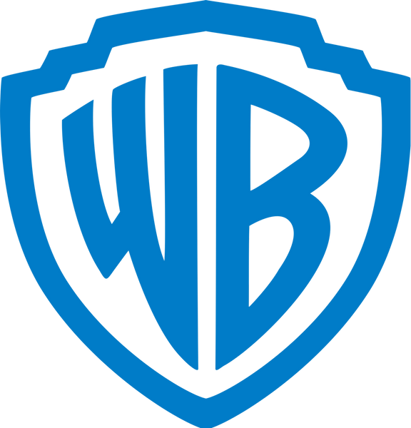 The Warner Brothers logo features a blue outline crest shape with the letters W and B inside.