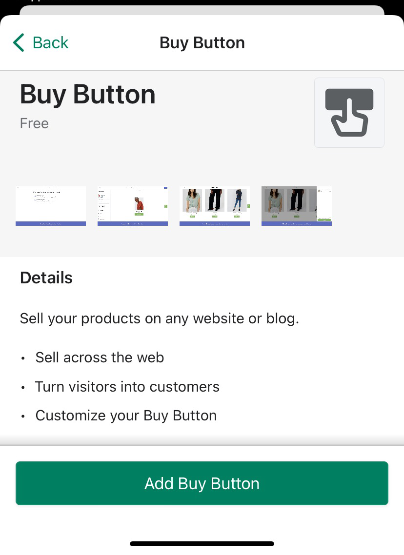 Add Buy Button screen on Shopify mobile app