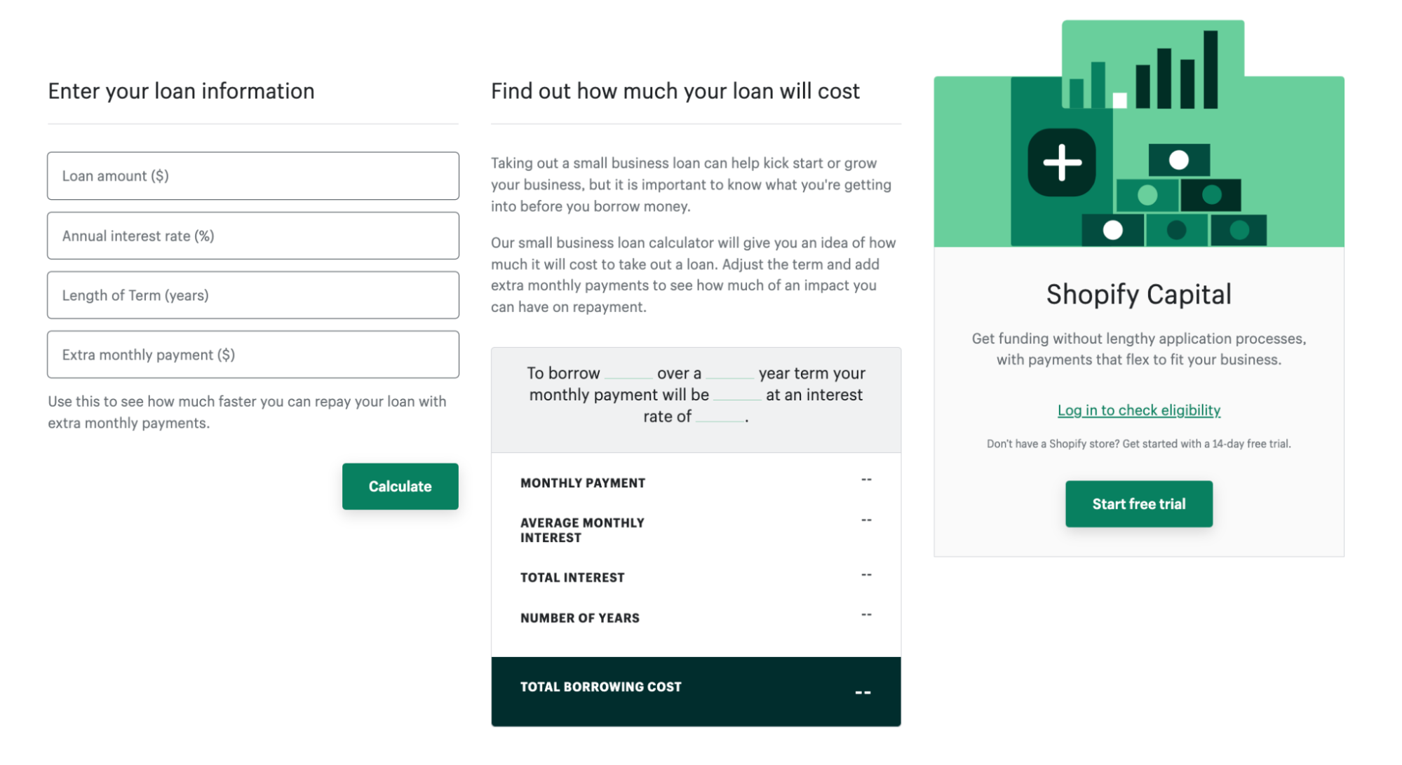 screenshot of Shopify business loan calculator