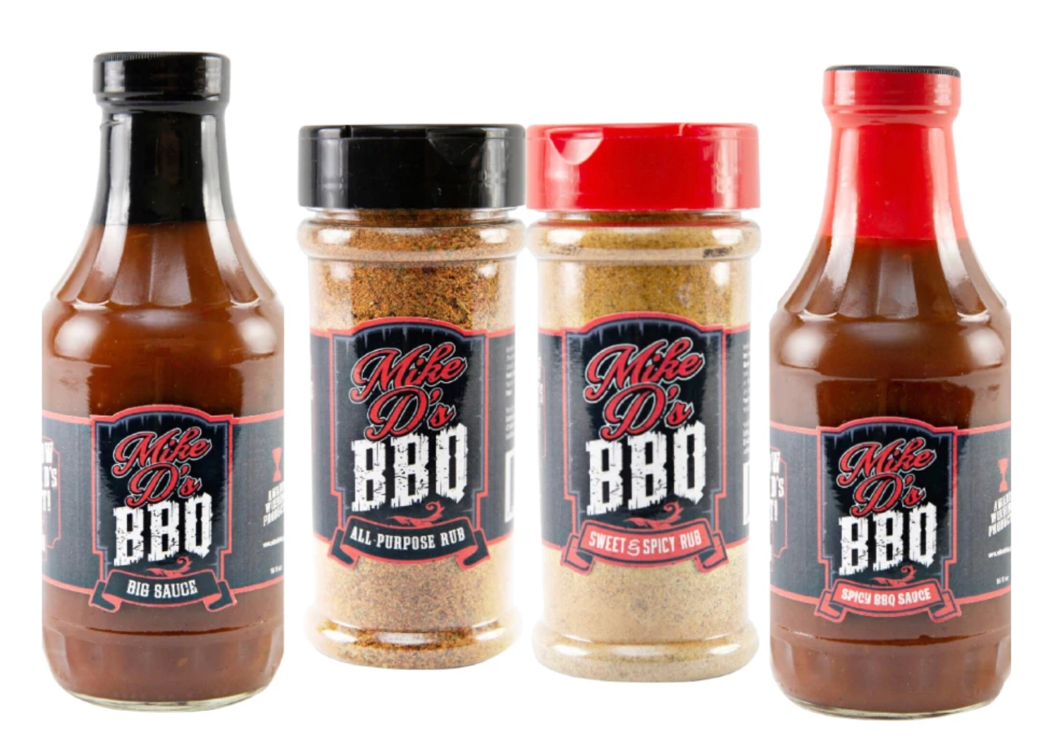 Image of Mike D’s BBQ sauce and rub products