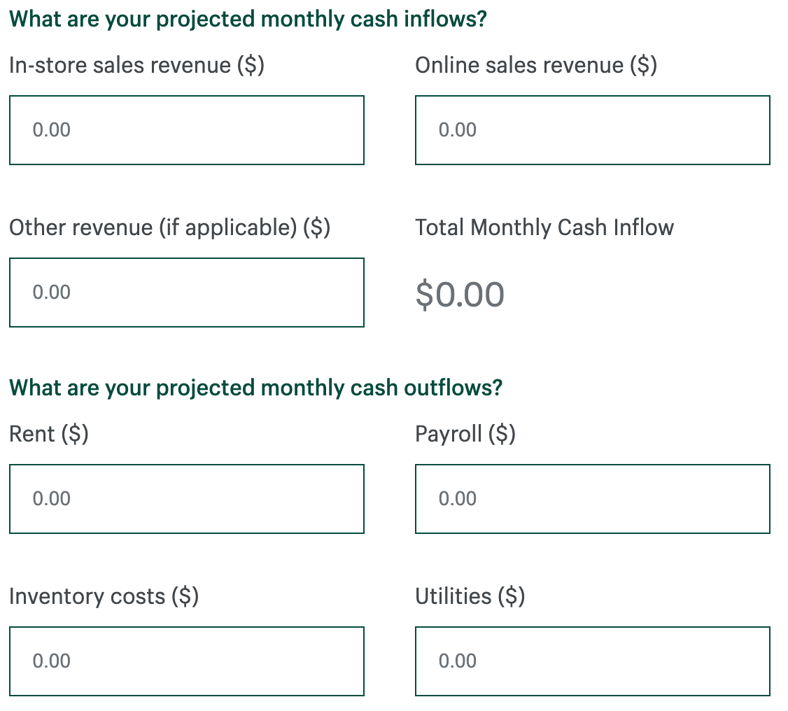 Screenshot of Shopify cash flow calculator