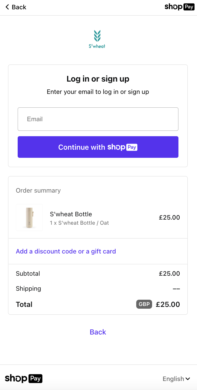 S’wheat Shop Pay checkout screen.