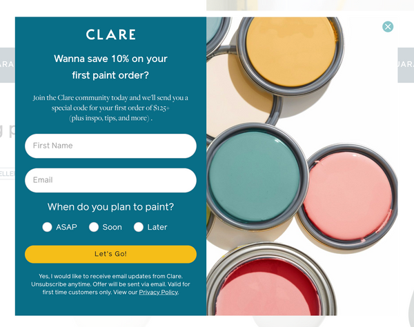 A popup from paint brand Clare offering new shoppers a 10% discount on their first order.