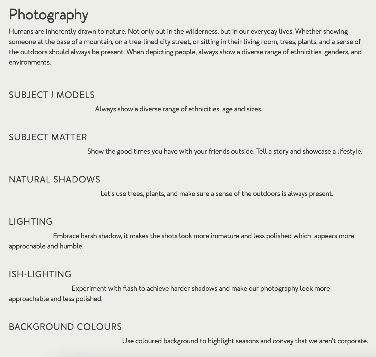 Tentree’s photo guidelines have recommendations for subjects, models, shadows, lighting, and more.