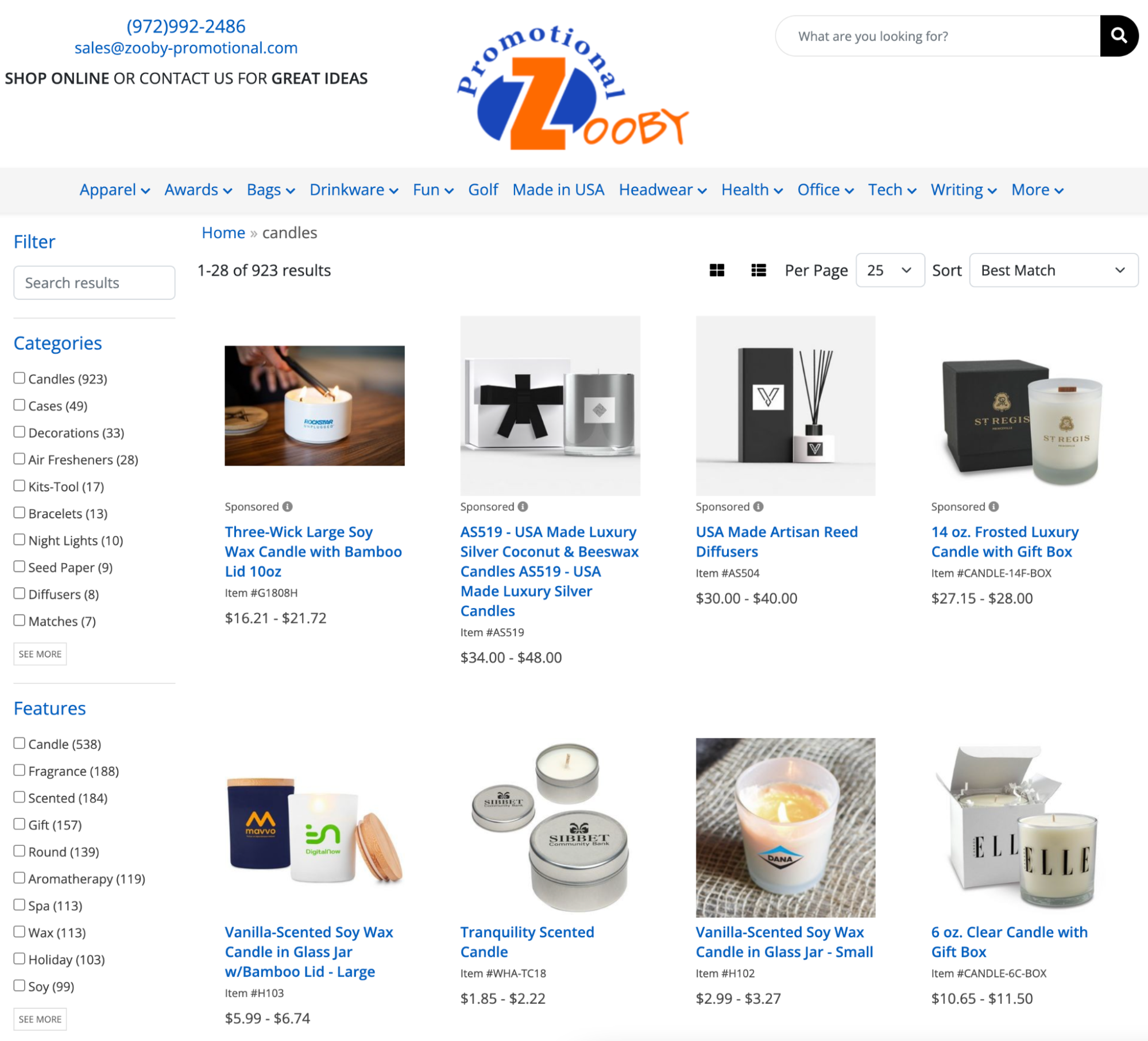 Zooby’s wholesale candle products on its website.