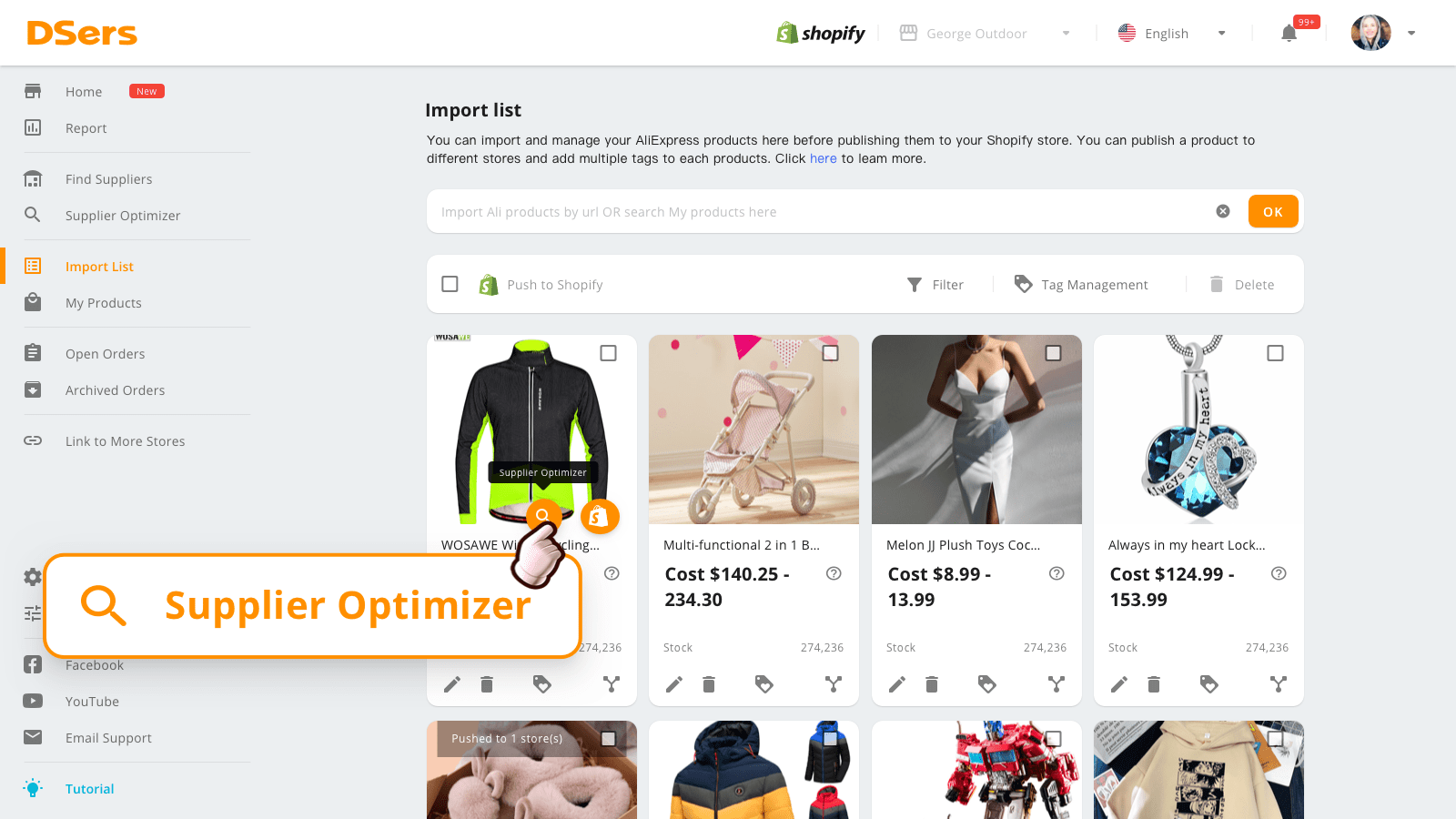 Product catalog on the DSers app with a cycling jacket, locket, dress, stroller, and other items