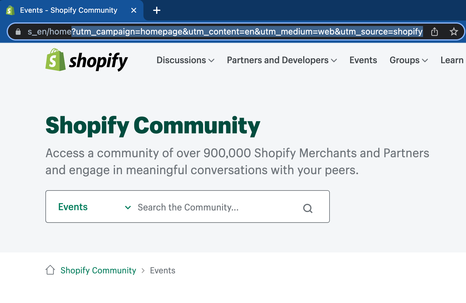 Shopify page with UTM parameters in highlighted in the address bar