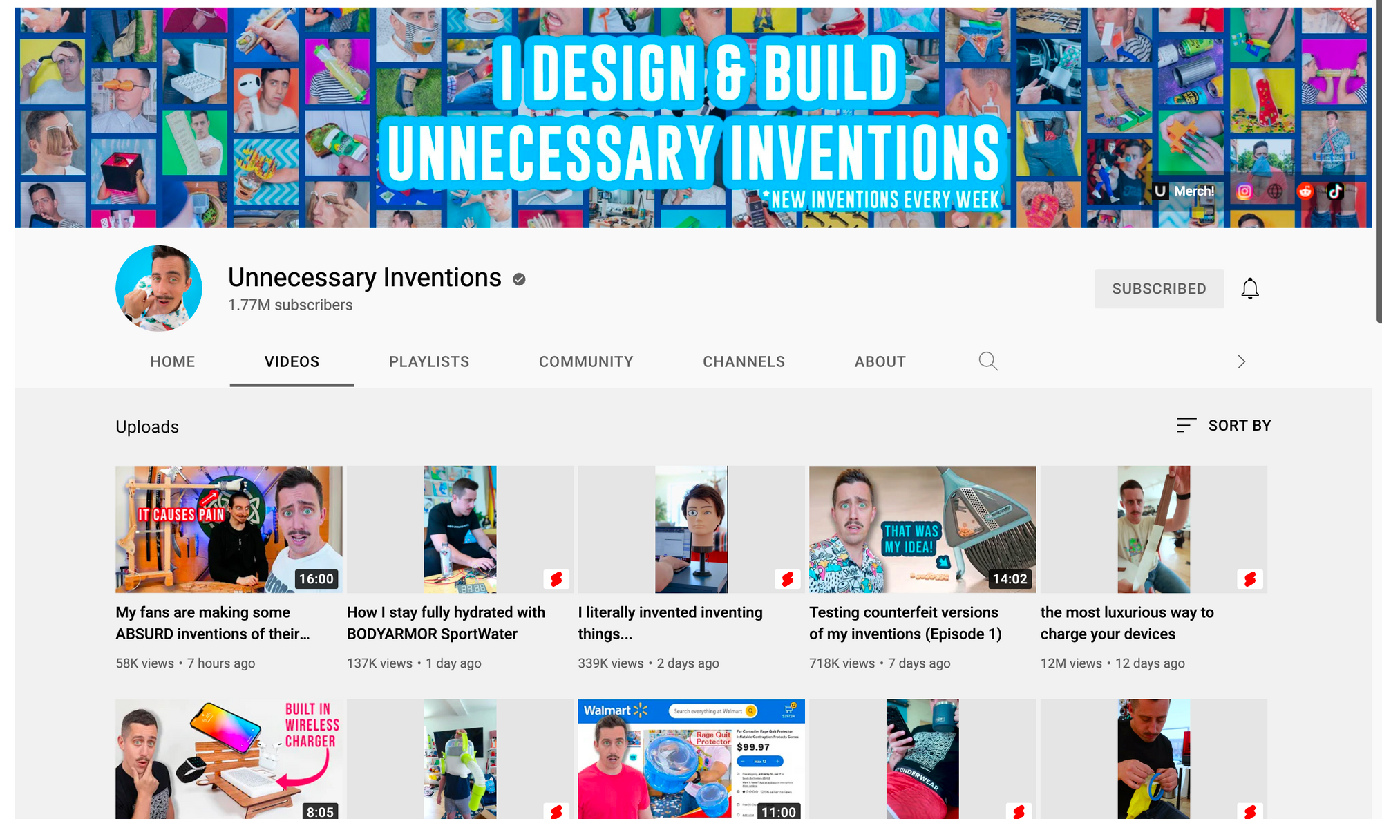 screenshot of Unnecessary Inventions YouTube page