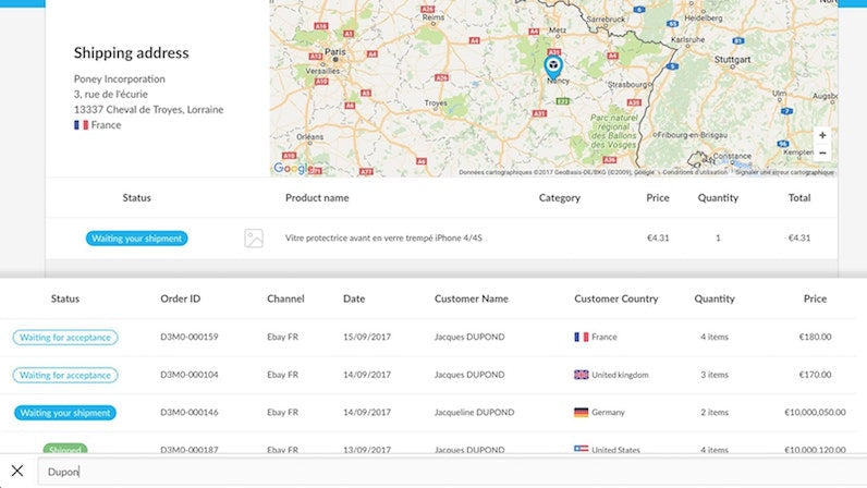 A map showing a shipping address in France above a table of customer orders.