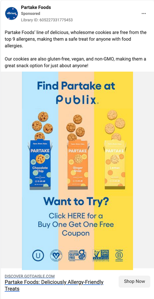 Example of a Facebook Feed Ad from Partake Foods
