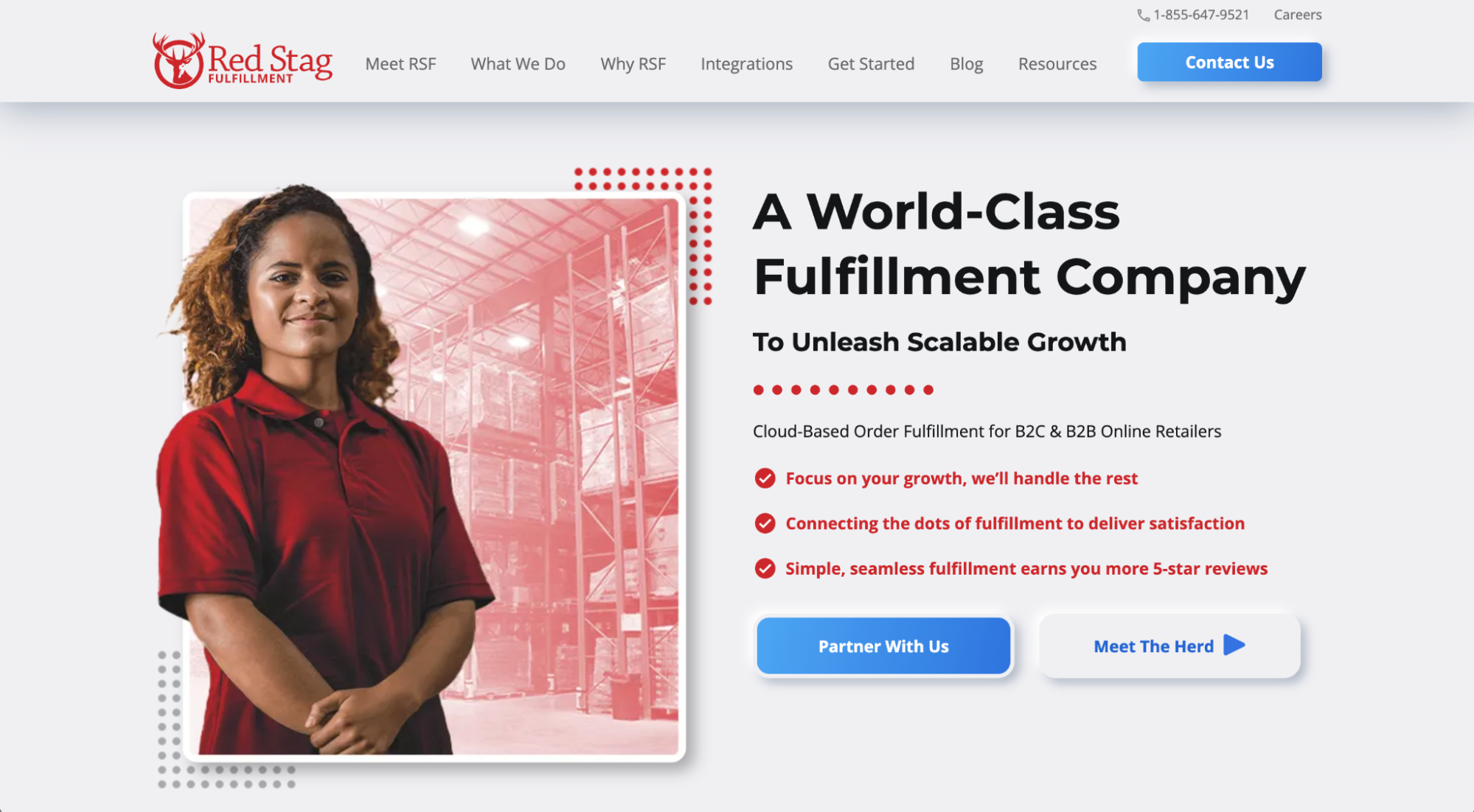 Red Stag Fulfillment website with an image of a person in a warehouse and a list of services.