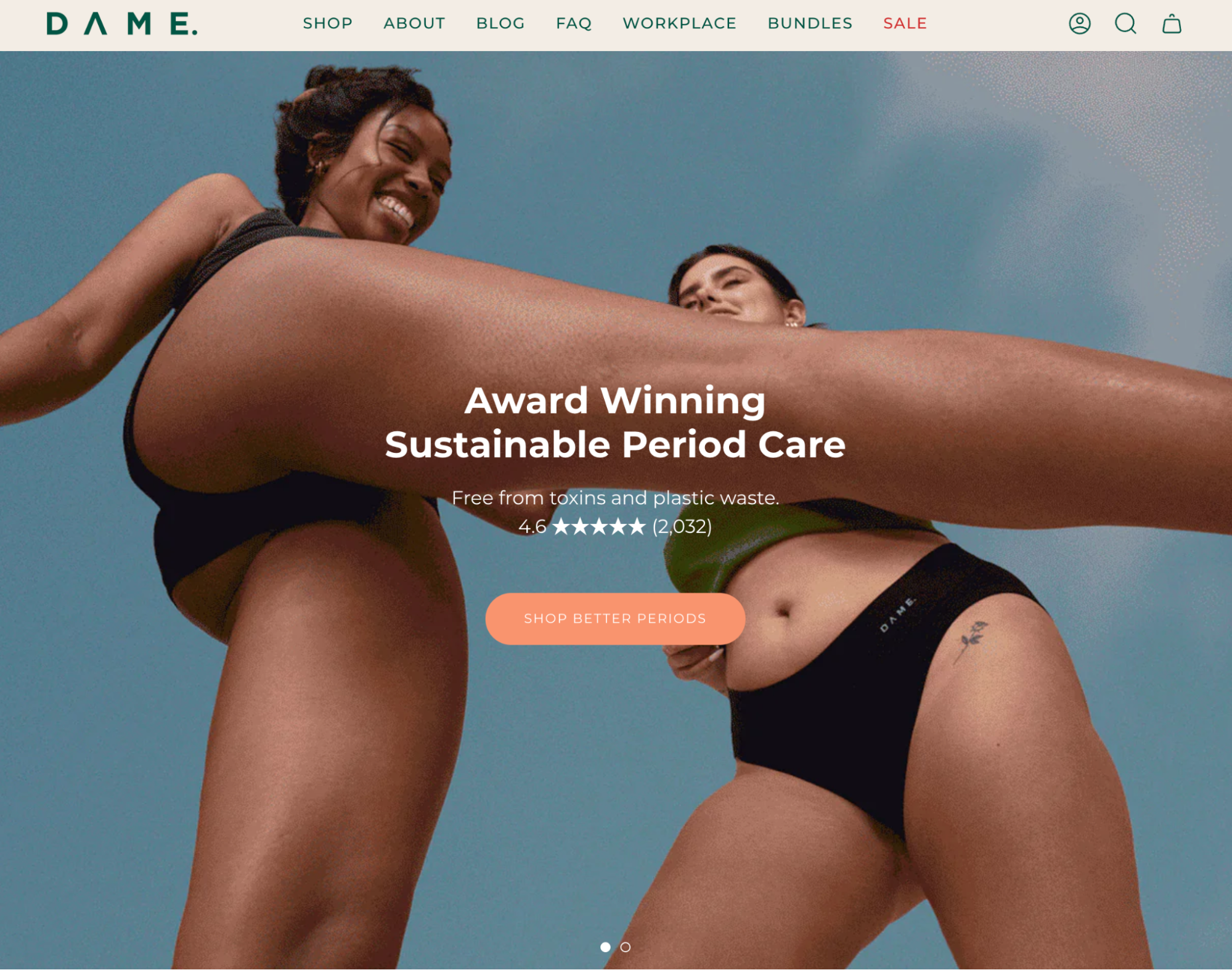 homepage for B corp certified brand DAME