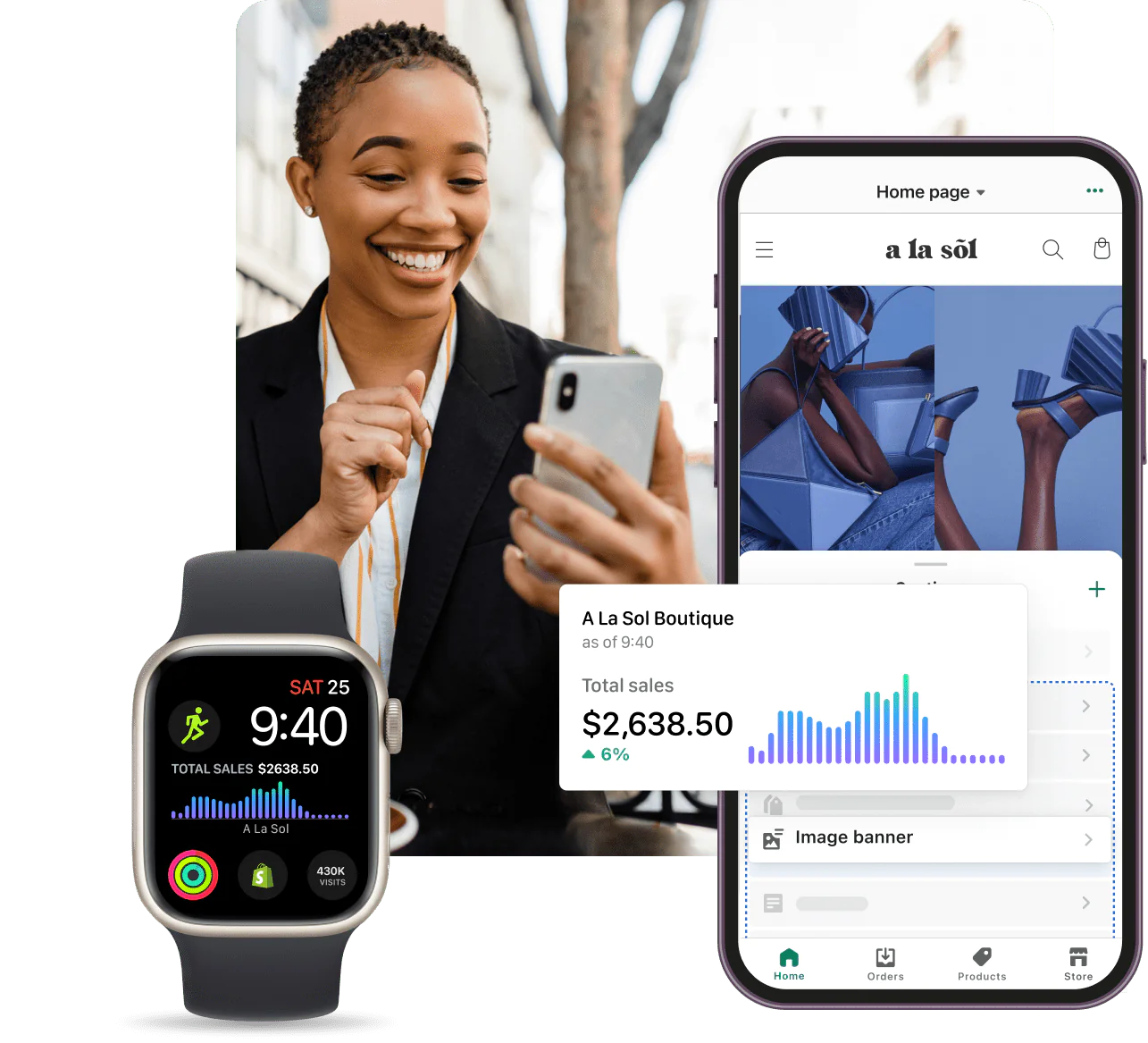 Images of Shopify mobile app on a watch and on a phone