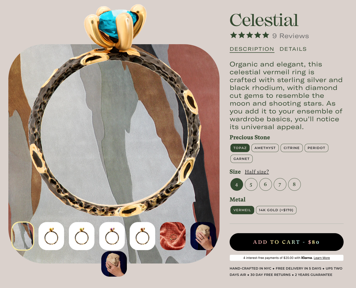 A Rara ring product page showing a jewelry product photo with a colorful background.