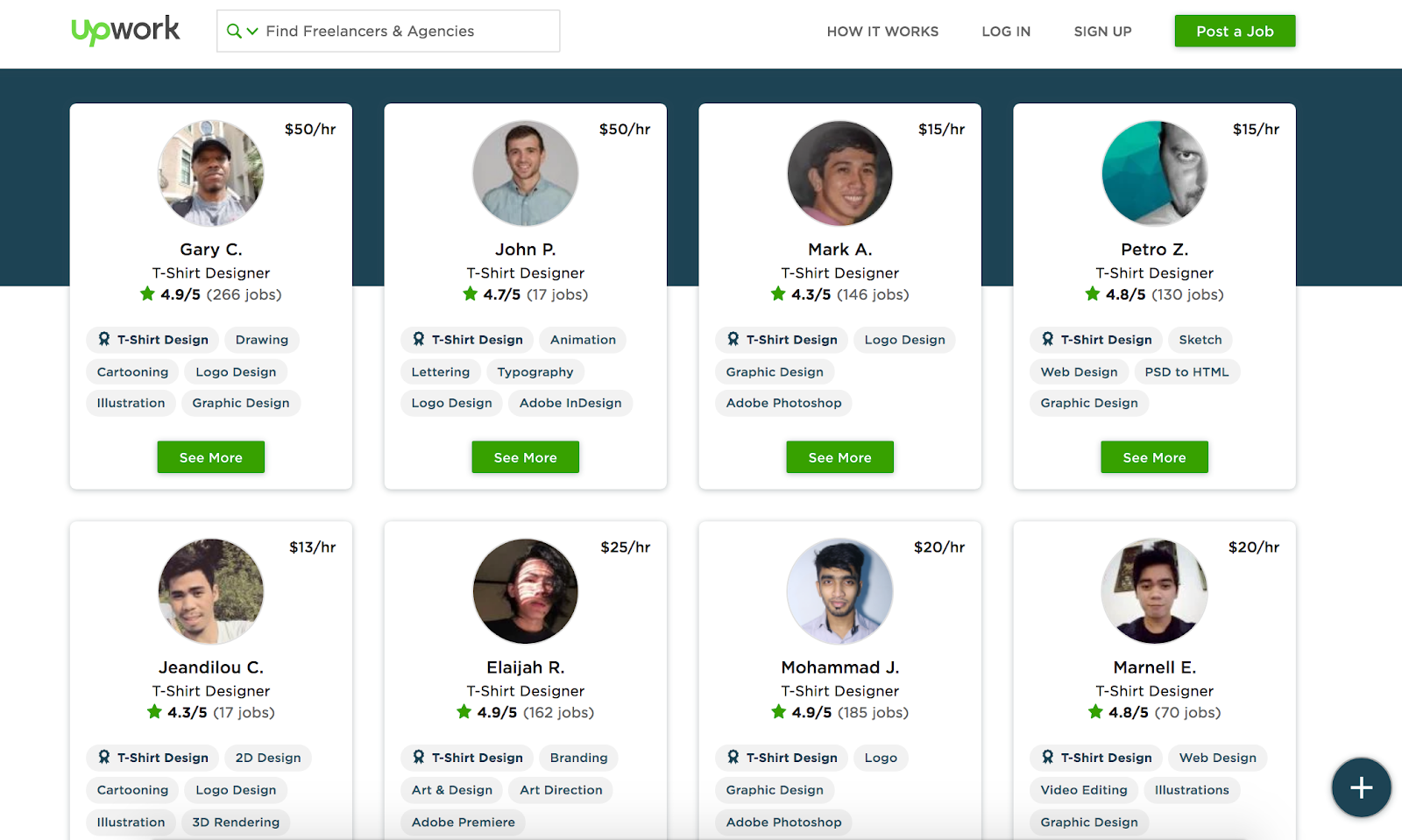 Eight digital cards showing headshots, skills, and reviews of freelance t-shirt designers on Upwork.