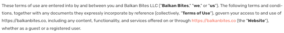 Screenshot of Balkan Bites’s privacy policy showing its full legal name, Balkan Bites LLC.