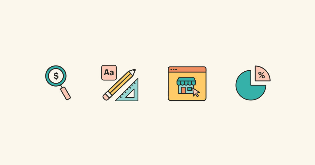Icons of a magnifying glass, stationery set, desktop webpage, and pie chart.