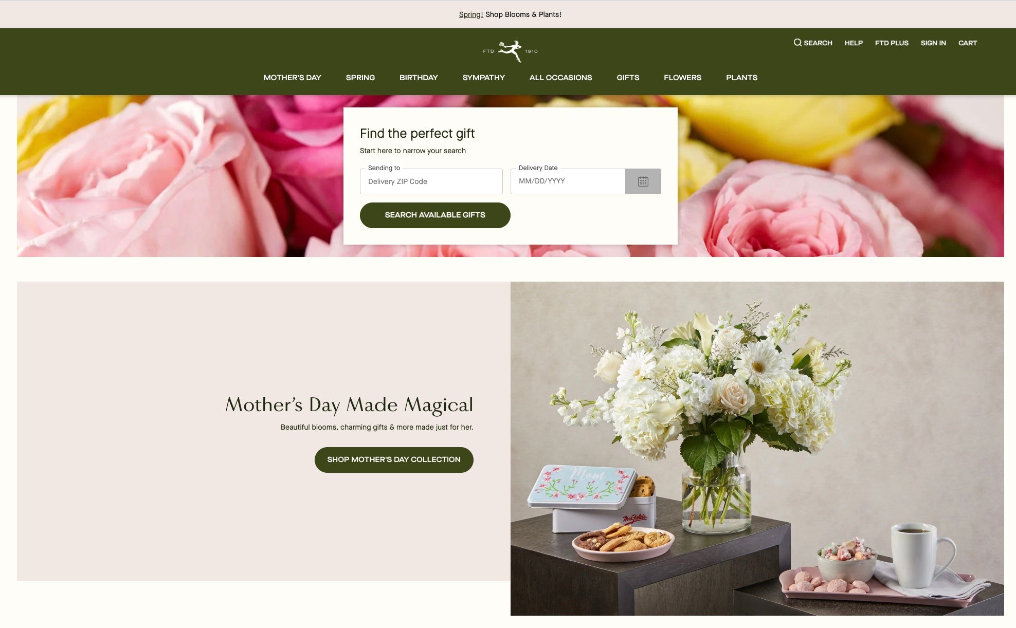 FTD's home page is no-nonsense and is marketing the upcoming Mother's Day holiday.