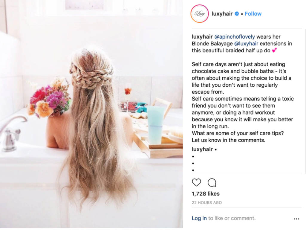 luxy hair instagram post thanking a customer for their purchase by featuring the customer's hairdo