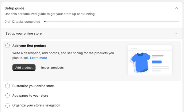 A checklist for building an online store with an illustration of a product page for a blue T-shirt.