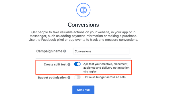 Facebook’s “Create split test” feature is toggled on