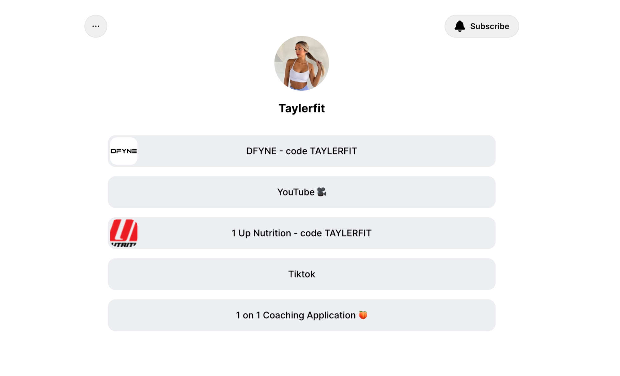 Taylerfit's link in bio with links to their affiliate marketing partnerships