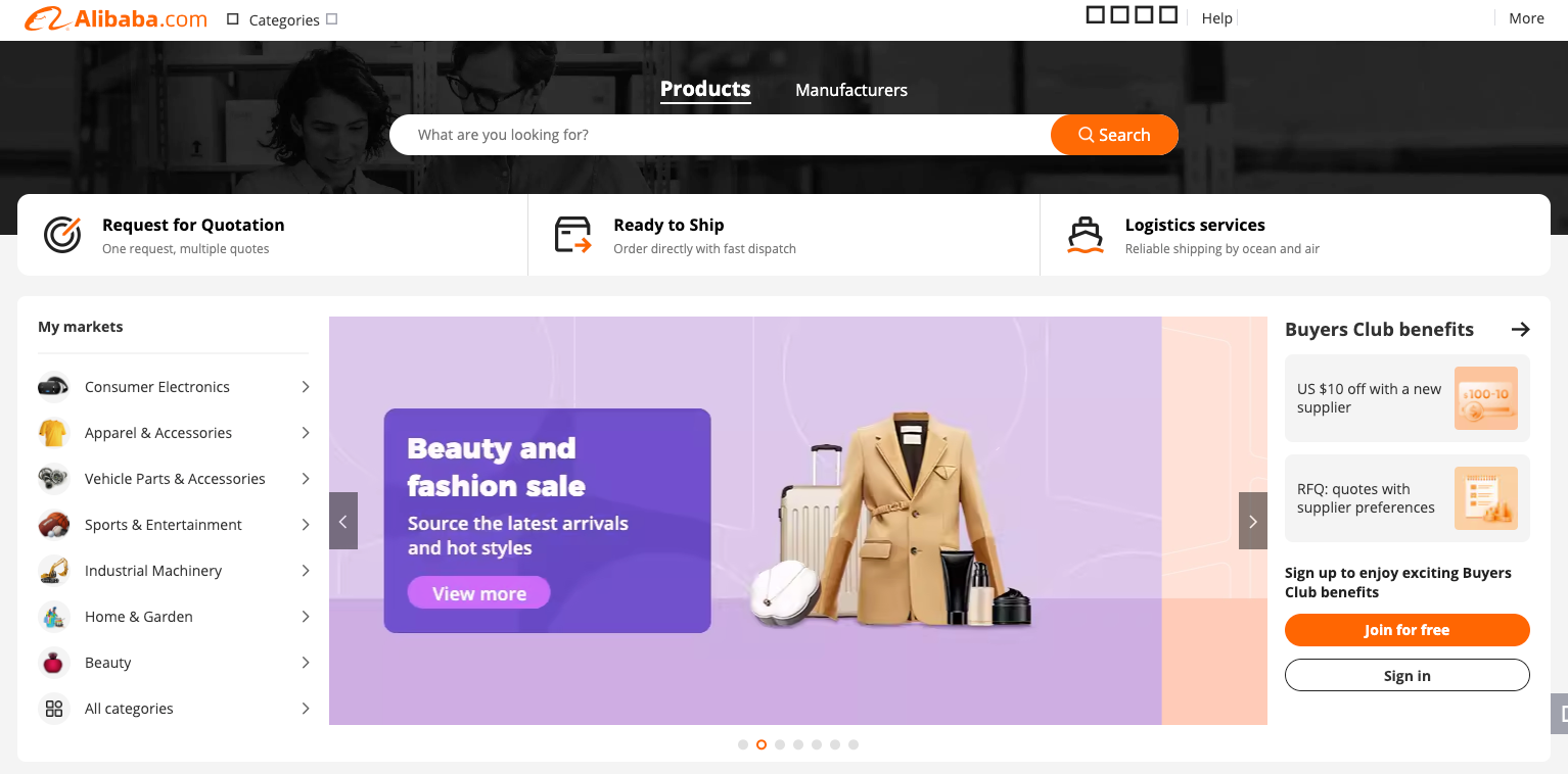 Alibaba homepage featuring products and manufacturers options.