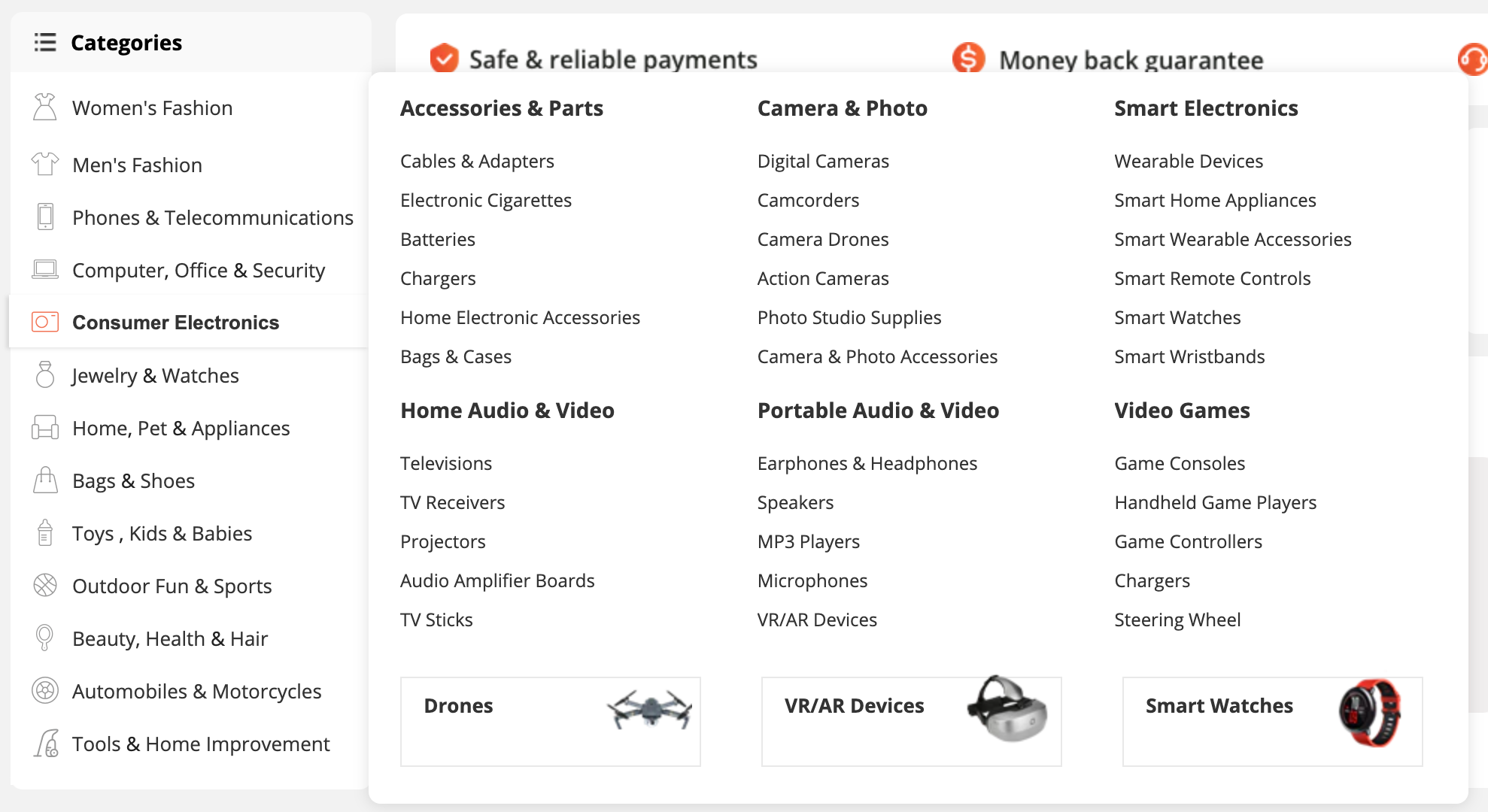 AliExpress categories menu with icons to represent each category