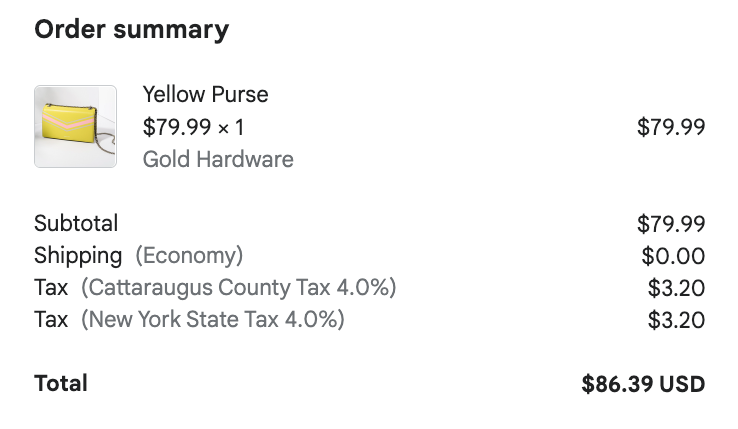 Picture of a yellow purse above shipping, county tax, and state tax pricing information.