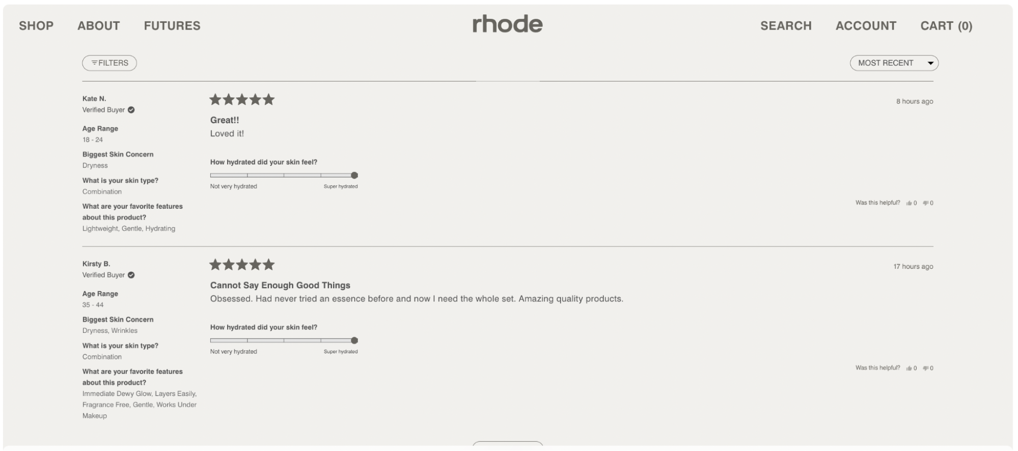 Rhode skin care’s reviews page, including ratings, comments, and filtering options.