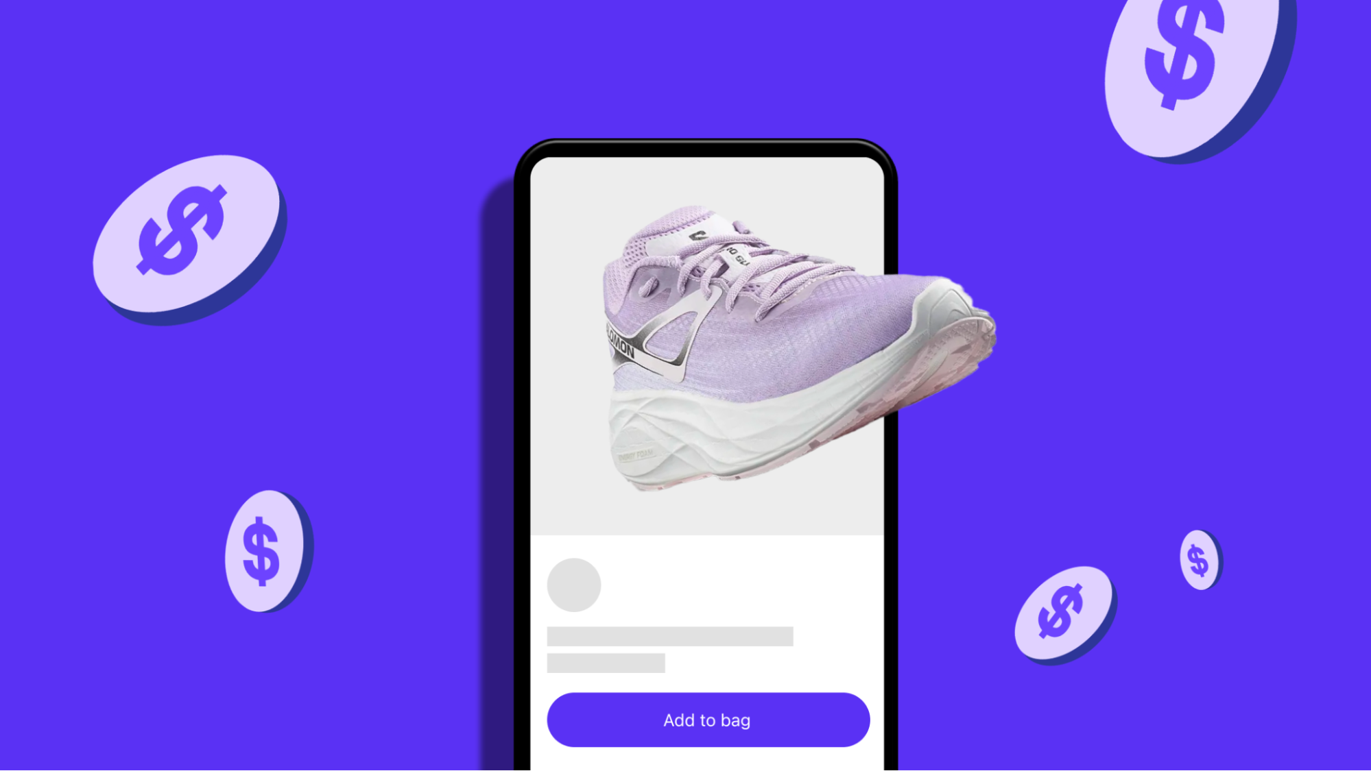 Illustration of a mobile app featuring a sneaker with dollar signs surrounding it.
