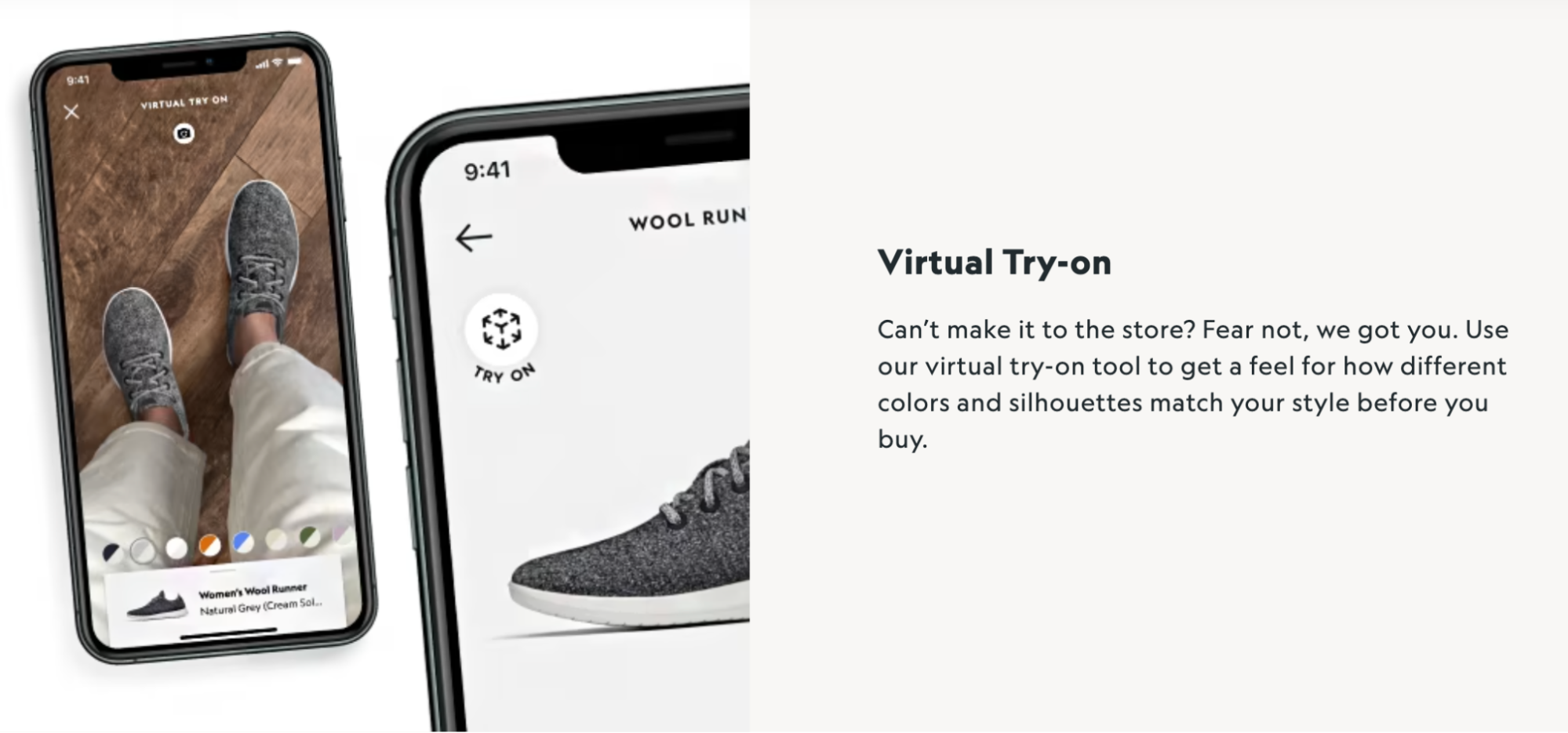 Information about Allbirds’ virtual try-on with smartphone screens showing its shoes.