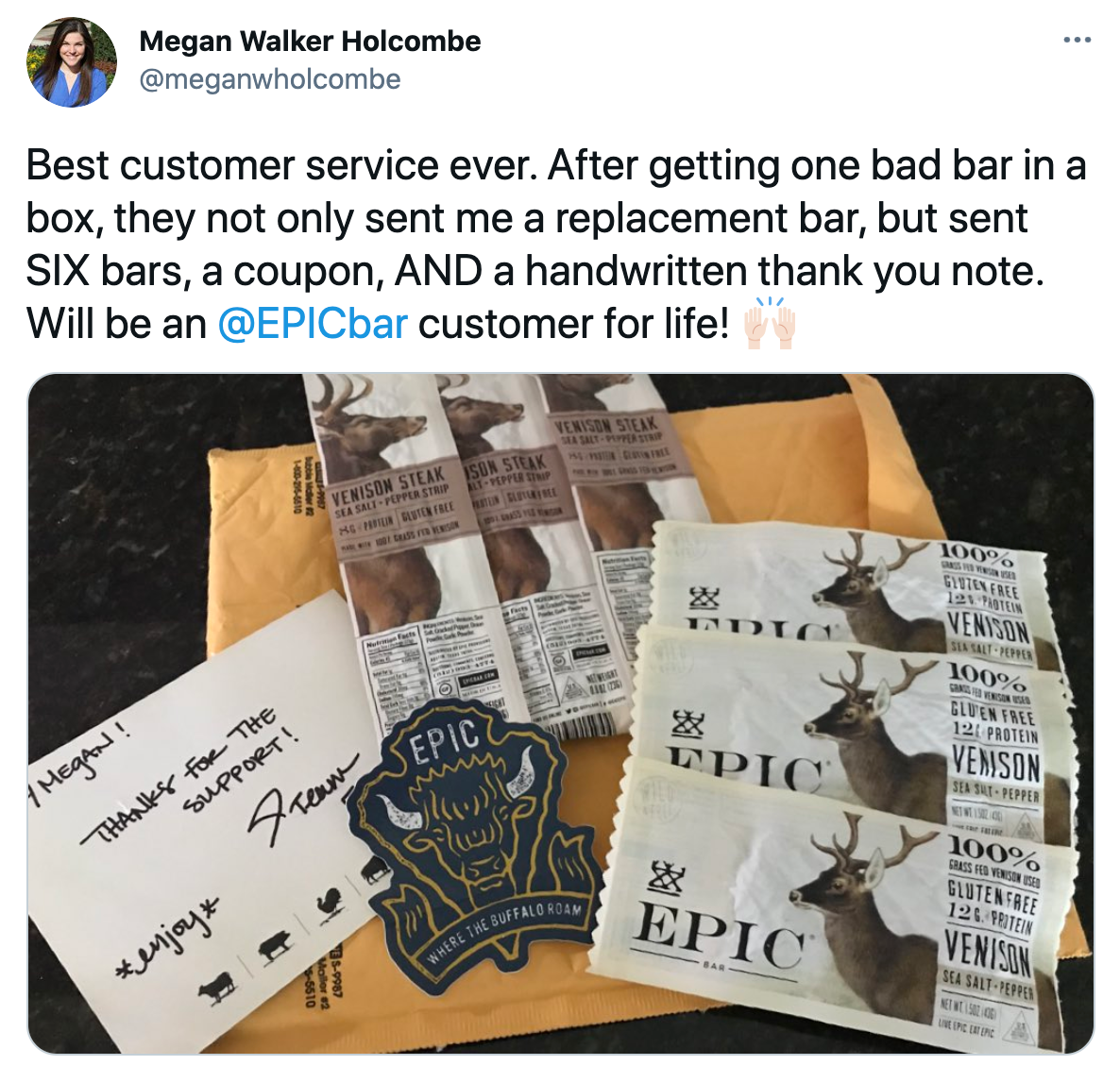 handwritten letter with purchase from Epic Provisions