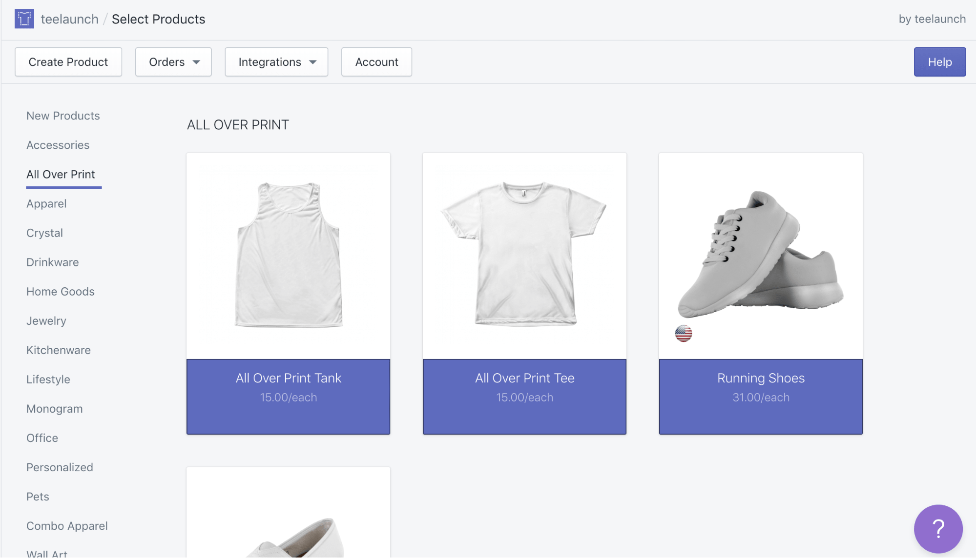 menu of Teelaunch white label products including running shoes and a tank top.