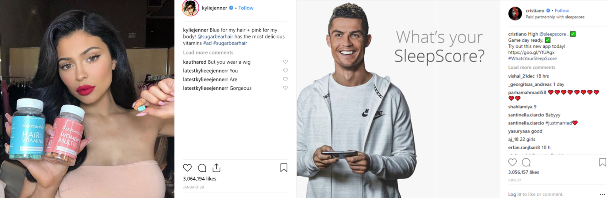 Examples of Instagram branded content posts featuring celebrity influencers.