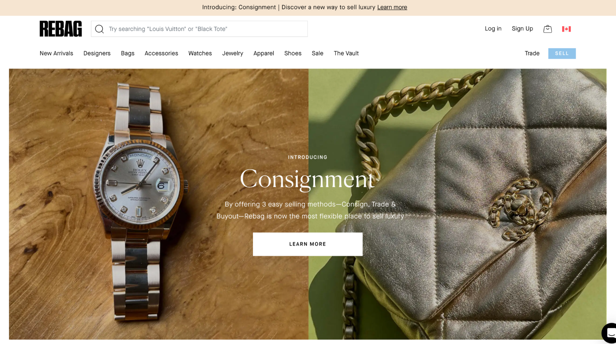 Rebag consignment luxury store homepage with images of a Rolex watch and Chanel handbag.