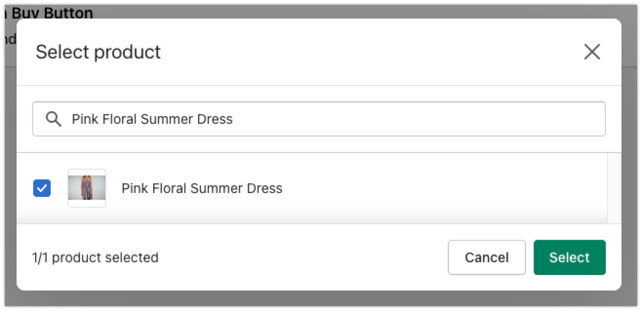 Screenshot of product selection window in the Shopify Admin when creating a Buy Button