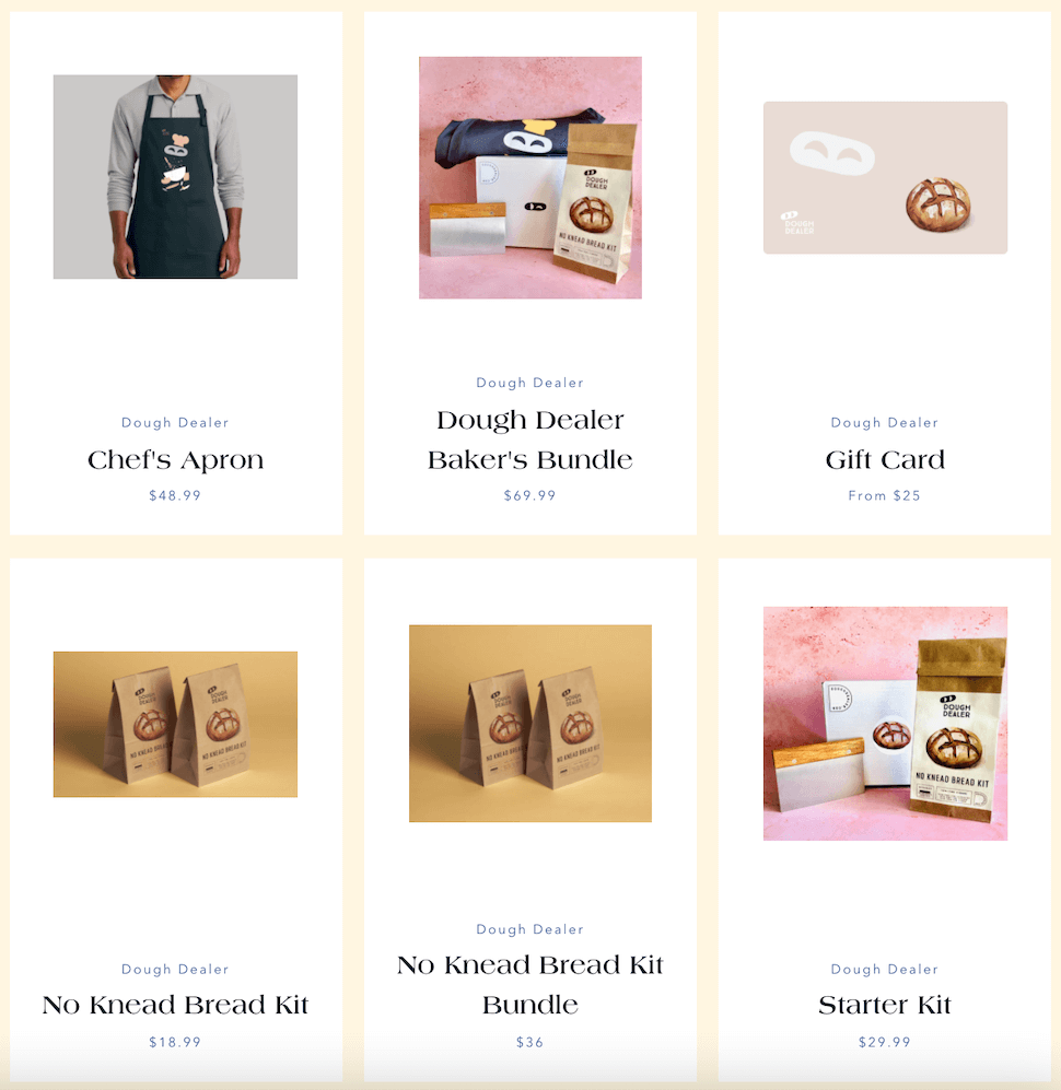 Screenshot of Dough Dealer’s product listings.