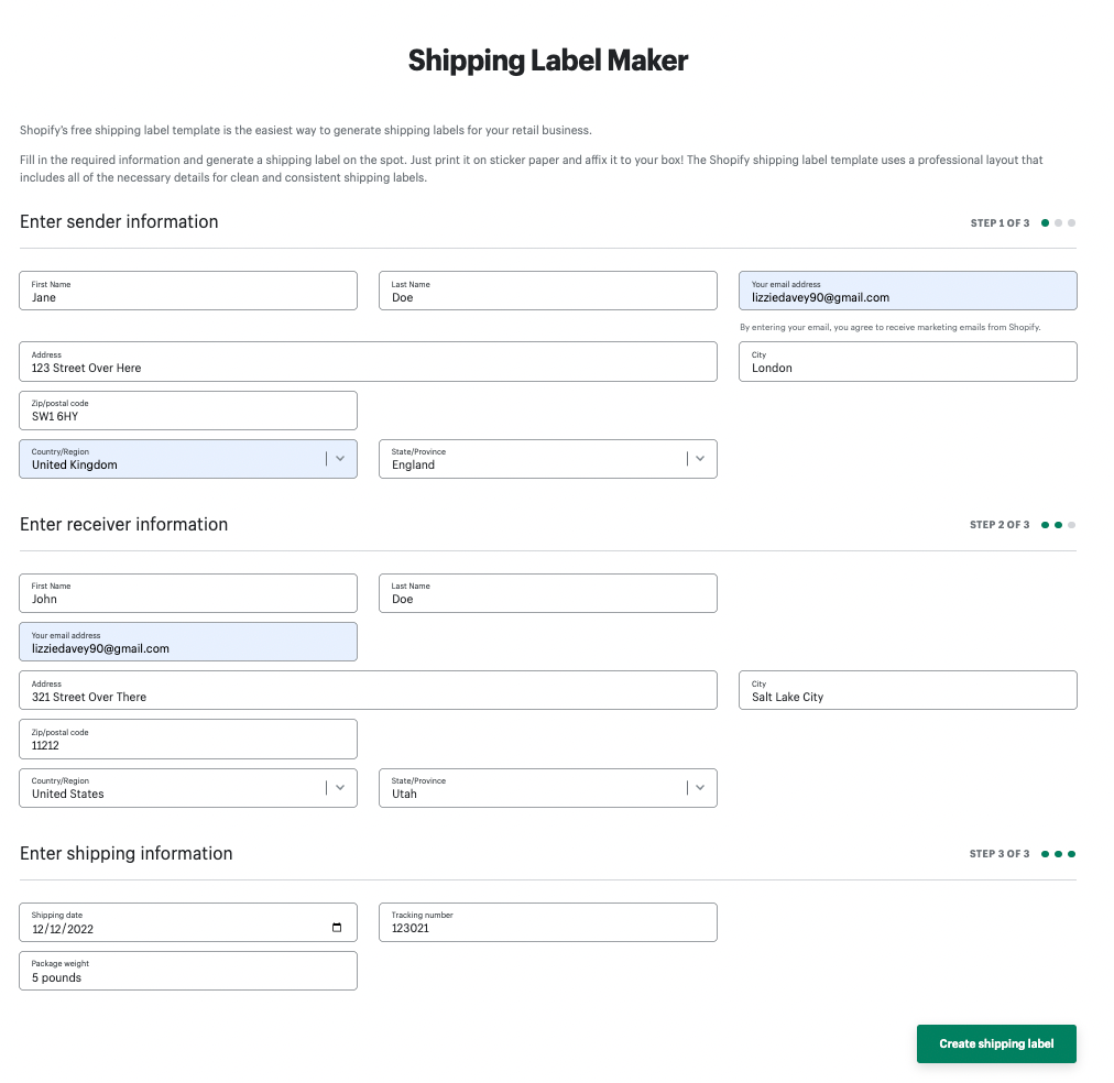 Shopify form to create shipping label template.