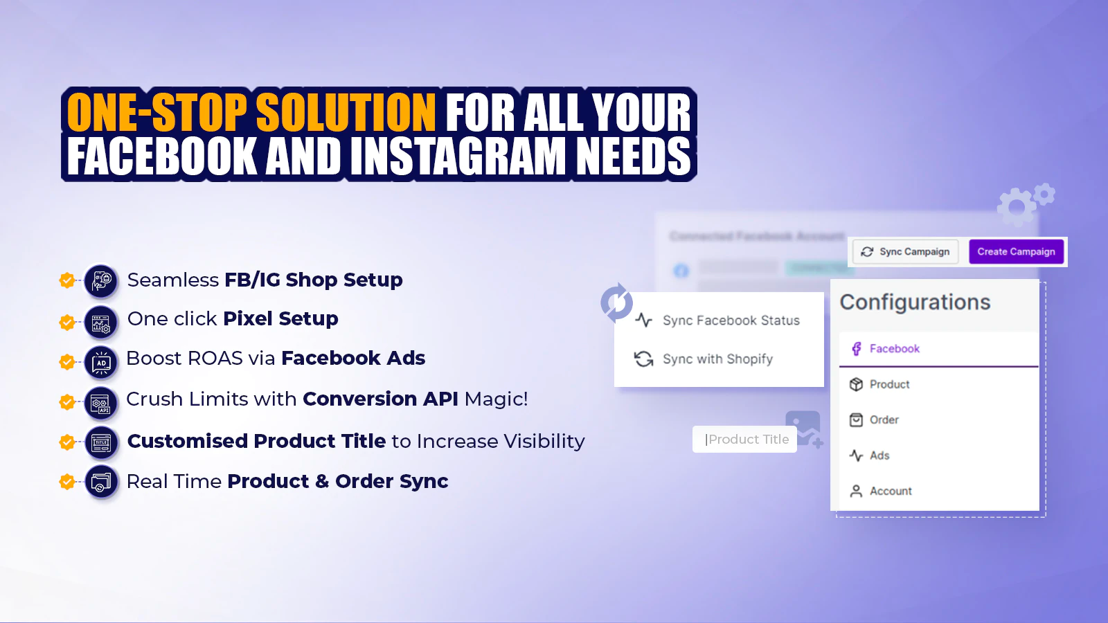 Slide advertising popular features of the CedCommerce social selling app, including pixel placement and real-time order syncing.