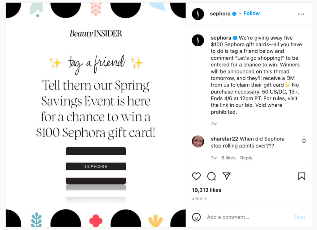 Sephora gives away multiple gift cards in this social media campaign example.