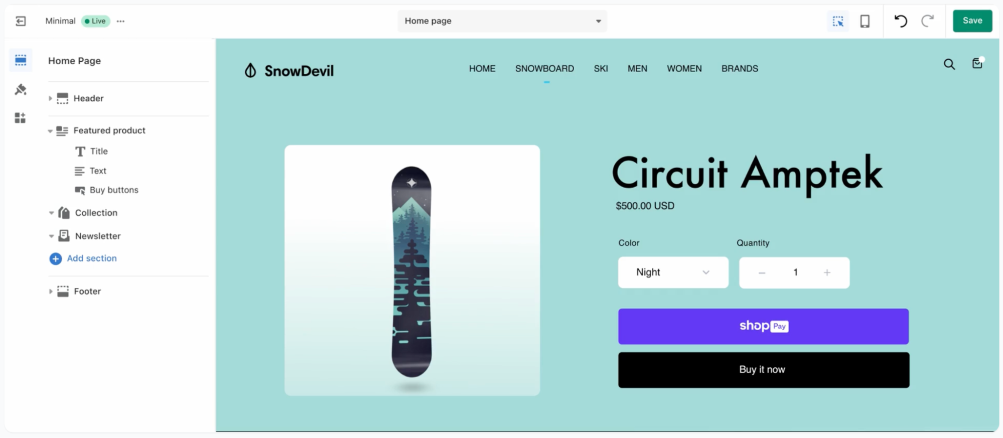 Shopify store builder showing a product page with a blue background, image of a snowboard, and buy button.