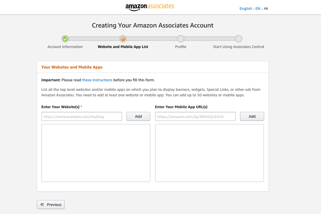 A screenshot of the Amazon Assoiates account page