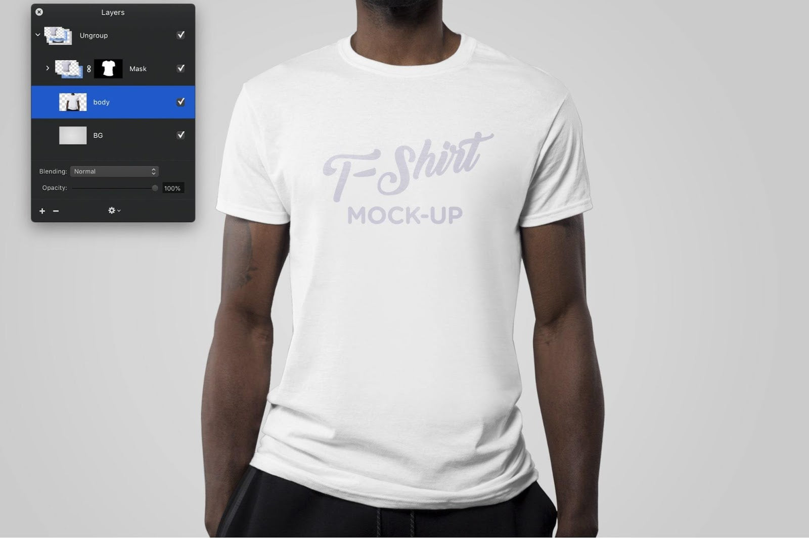 A digital design menu beside a person modeling a white t-shirt with a custom graphic.